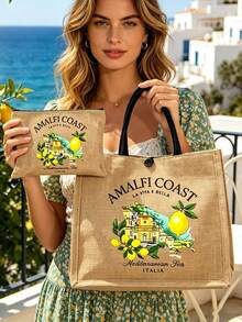 Bolsa de lino con estampado creativo de limón & letra, bolso de compras cuadrado amarillo, bolsa de almacenamiento casual de gran capacidad, bolsa reutilizable para comestibles para hombres & mujeres maestros, bolsa organizadora, bolsa de maquillaje, bolsa de playa para trabajo, viaje & uso diario, bolsa de hombro ligera con bolsillo para monedas, diseño novedoso, regreso a la escuela, graduación, Día de la Madre, Día de San Valentín, regalo de cumpleaños - Multicolor - Ver 1