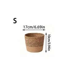 1個圓形手工編織海草收納籃，復古拼接藤編收納桶，波希米亞風多用途編織展示籃，附雙手柄，適用於客廳層架、檯面、浴室居家雜物收納，農舍風家居裝飾 - 卡其色 - 查看 11