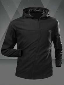 Men's Casual Plus Size Lightweight Jacket, Outdoor Comfortable Business Hooded Jacket With Arm Pockets, Suitable For Running, Hiking, Gift For Husband, Father, Friend - Black - View 3