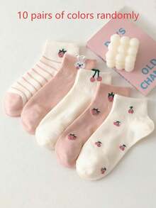 1/5 /10Pairs Women's Non-Slip Short Socks With Pink Cherry And Strawberry Patterns, Suitable For All Seasons - Multicolor - View 11