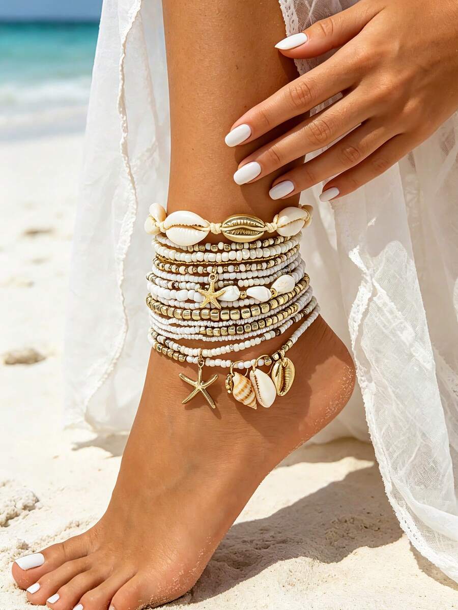 15PCS Bohemian Style Multi-Layer Shell & Starfish Anklet Set, Handmade Beaded Mixed Color Seed Bead Elastic Ankle Chains, Beach Vacation Layered Anklet Set For Women - Gold - View 1