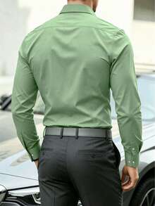 Men's Anti-Wrinkle Quick-Dry Casual Commute Business Multi-Scenario Shirt, Natural Color Buttons, Opaque Comfortable 100% Polyester Fabric, Craftsmanship Made, Tight Stitching, Slim Fit - Recommended To Pair With Suit Jacket And Dress Pants - Mint Green - View 3