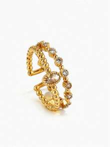 1pc Luxury Vintage Double Row Zirconia Ring, Fashion Gold Ring, Stackable Jewelry, Women's Daily, Party, Date Wear Accessory - Multicolor - View 2