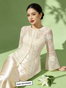 1pc Women Long Sleeve Buttoned Blouse, Summer - Champagne - View 2