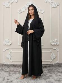Hafizah 女款黑色長款條紋刺繡開襟外套夾克配頭巾 2件套 - 黑色 - 查看 5
