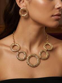 2 Sets New Creative Fashion Elegant Geometric Hollow Circle Large Bib Necklace & Stud Earrings Set, European & American Exaggerated Statement Necklace, Suitable For Casual, Party, Runway And Other Occasions - Yellow Gold - View 2