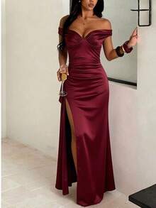 Summer Dress, Burgundy Off-Shoulder Fitted Elegant Women's Dress, High Slit To Thigh Sexy Formal Evening Gown Wedding Party - Burgundy - View 4