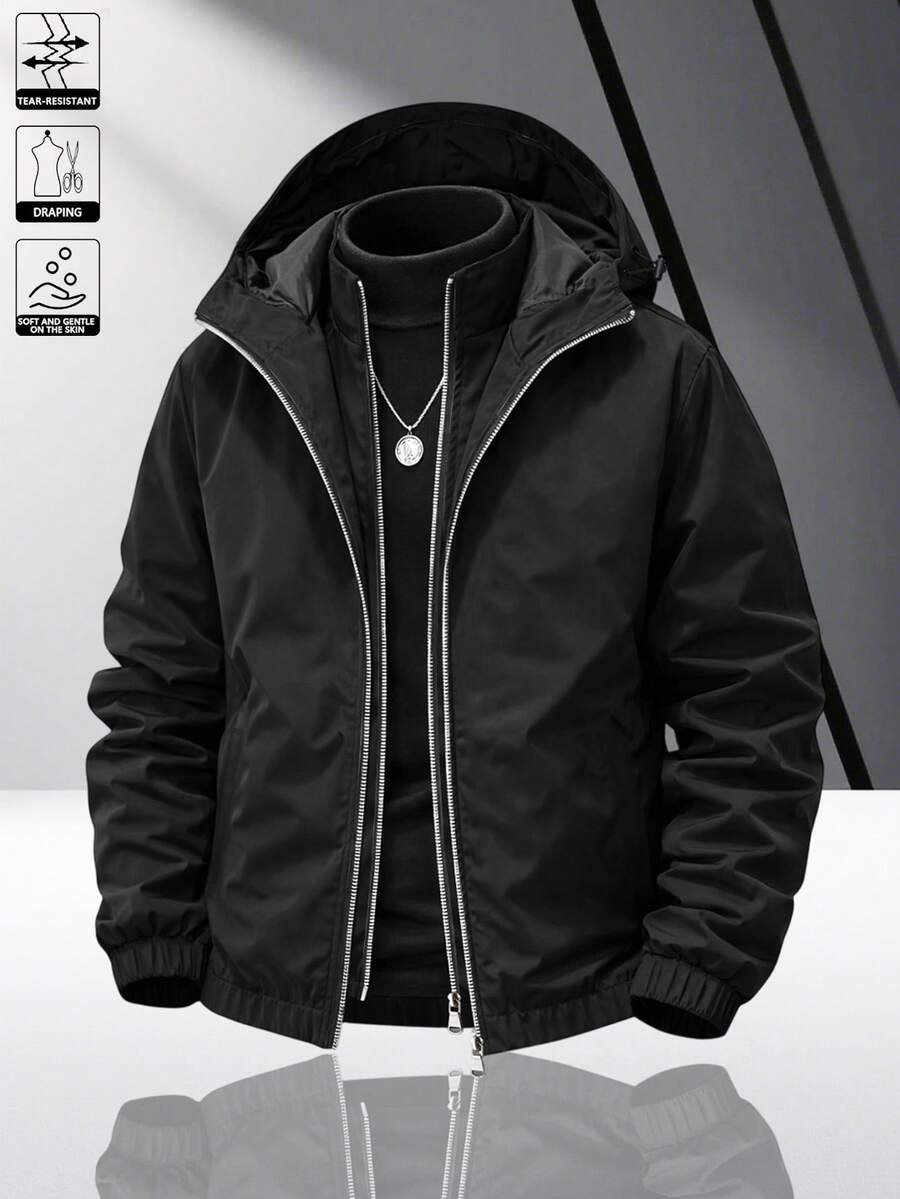 Lightweight Men's Hooded Jacket, Multi-Color Options, Scratch-Resistant Material, Dual Zipper Design, Streetwear Practical Style, Suitable For Daily Use And Commuting, Casual Yet Fashionable - Black - View 1