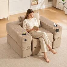 Folding Corduroy Sofa With High-Density Foam And Spring Core For Stable Seating, Side Pocket And Cup Holder, Armrest With Zip, Vacuum Packed, Easy Assembly, For Apartment And Living Room. - 卡其色 - 查看 4
