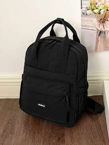 Fashionable Versatile Solid Color Nylon Fabric Student Backpack, Women's Mini Water-Resistant Campus Daily Backpack, Suitable For High School And College Students, Compact Travel Shoulder Bag, Waterproof Business Commute Backpack, Multi-Pocket Functional Backpack, Back To School Essential, Student University Bag - Black - View 9