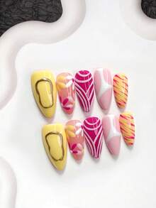 10pcs Fashion Handmade Press-On Nails, Polygel Nail Set, Yellow, Pink And Purple With White Flowers, Yellow, Pink, Purple Nail Polish, Cute Girl Style, Includes Nail Tools, 3 Sizes Available, Almond, Duck, Coffin Shape, Suitable For Party, Dancing, Daily Wear - 彩色 - 查看 12