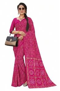 Estationeryhouse Bandhani Square Print Saree With Unstitched Blouse Piece - Hot Pink - View 3