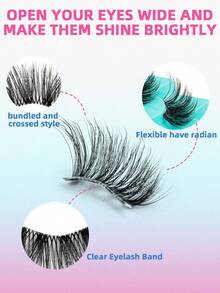 10 Pairs Separated Half Eyelashes 3D Curly Voluminous Cross Fairy Transparent Stem Extension Lashes Suitable For Women's Daily Eye Enlargement - 黑色 - 查看 2