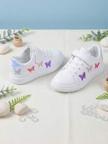 1雙刺繡蝴蝶魔鬼氈女童運動鞋，耐穿緩衝鞋底，適合學校與多功能休閒日常穿著 - 白色 - 查看 4