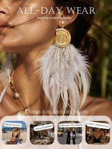 1 Pair Spiral Seashell White Feather Horse Eye Rhinestone Tassel Earrings, Suitable For Women's Bohemian Style Beach Vacation Accessories - Rhinestones - View 2