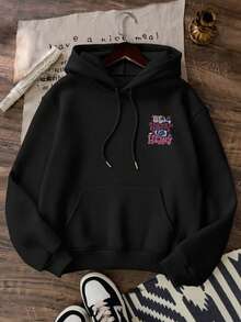 Women's Loose Hooded Sweatshirt, Printed With "BE HAPPY LIFT HEAVY" Pattern Double-Sided Print, Long Sleeve Pullover, With Pockets And Drawstring, Streetwear Style. - Black - View 3