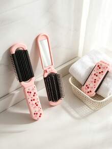 1pc/Mini Pocket Small Foldable Portable Soft Round Bead Air Cushion Anti-Static Detangling Hair Brush Pink ABS Plastic Integrated With High-Definition Makeup Mirror Portable Hair Comb Sweet Girl Y2K Style Pink Foldable Mirror Comb Pink Leopard Print Red Five-Star Cherry Bow Print Flip Cover Brush Soft Round Head Air Cushion Hair Care Detangling Brush Portable Makeup Hair Comb Daily School Travel All Seasons Portable Small Comb - Pink Cherry Cushion Comb - View 11