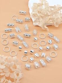 40pcs/Set Vintage Hollow Silver Alloy Hair Rings, Hair Clips, Hair Accessories For Summer Braids - Silver - View 4