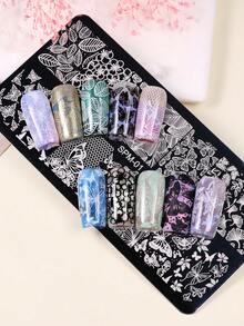 1pc Summer Floral Leaf Butterfly Nail Art Stamping Plate, Minimalist Line Flower & Leaf Pattern Nail Template, Reusable Stainless Steel Nail Art Tool Template, Salon DIY Accessory - Silver - View 3