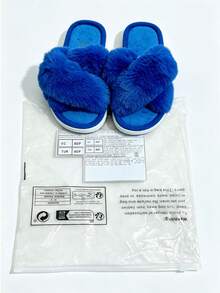Fashionable New Open-Toe Indoor Slippers, Slip-On Comfortable Anti-Slip Silent Indoor Slippers, Solid Color Cute Fabric Cross-Strap Home Wear All Seasons - Royal Blue - View 1