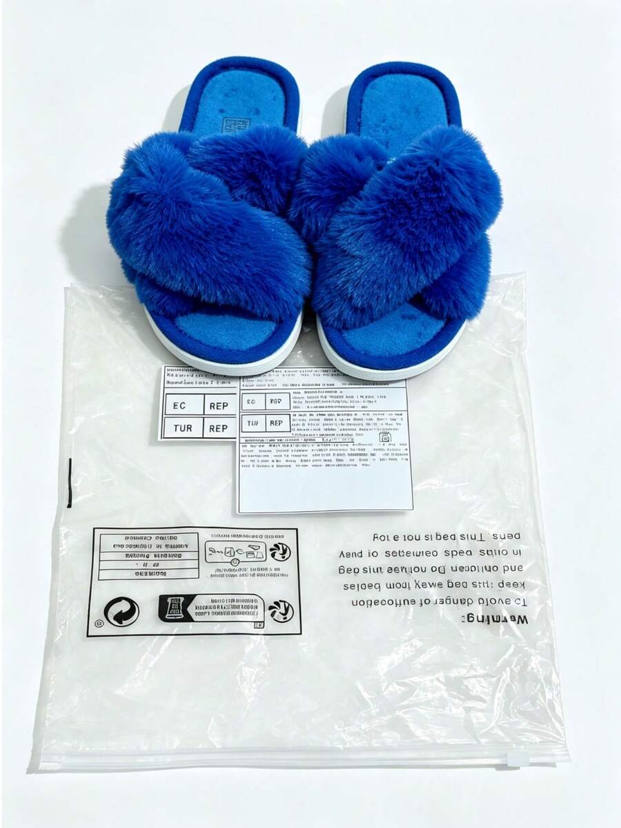 Fashionable New Open-Toe Indoor Slippers, Slip-On Comfortable Anti-Slip Silent Indoor Slippers, Solid Color Cute Fabric Cross-Strap Home Wear All Seasons - Royal Blue - View 1