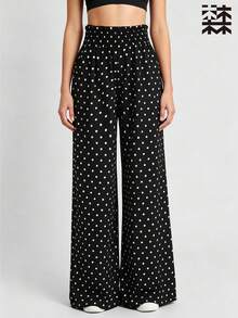 mulinsen Lightweight Draped Small Polka Dot Wide Leg Pants, High Waist Ruched Waistband Casual Sports Yoga Floor Length Pants - Black - View 1
