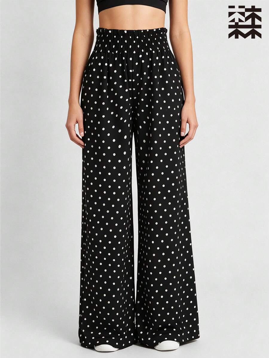 mulinsen Lightweight Draped Small Polka Dot Wide Leg Pants, High Waist Ruched Waistband Casual Sports Yoga Floor Length Pants - Black - View 1