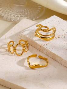 3 pièces Ensemble de bagues en acier inoxydable minimaliste géométrique ovale à ligne, convient pour le port quotidien et les fêtes des femmes - Multicolore - Voir 3