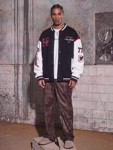 MAISONFOX Men's Colorblock Baseball Jacket With Vintage Patch & Arm Lettering, Crew Neck Loose Fit Bomber Jacket, Y2K Hip Hop Urban Outerwear - Black - View 5