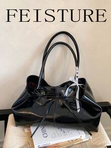 FEISTURE 1pc Solid Color Strap Shoulder Bag, Fashionable Handheld Bowknot Tote Bag, Suitable For Girls, Women, College Students, New Professionals And White-Collar Workers, Perfect For Work, Business, Commuting, School - Black - View 5