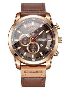 Men's PU Strap Quartz Wristwatch, Classic Three-Dial Digital Scale Calendar Dial, Classic Fashion Sports Watch, Gift For Boyfriend (1pc/Set) Watch Box Not Included - Brown - View 7