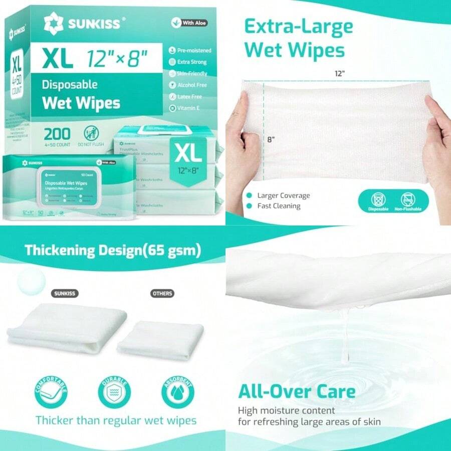 SUNKISS Trustplus Wet Wipes For Adult Rinse Extra Large 8"X12" Body Cleaning Washcloths For Elderly Incontinence And Cleansing 200 4 Packs Of - Unscented - View 1