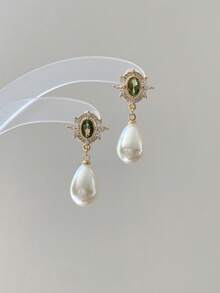 1 Pair Vintage Green Zirconia Teardrop Faux Pearl Earrings For Women To Wear,For Brides,Weddings,Daily Wear,Romantic Jewelry Gifts - Earrings - View 3