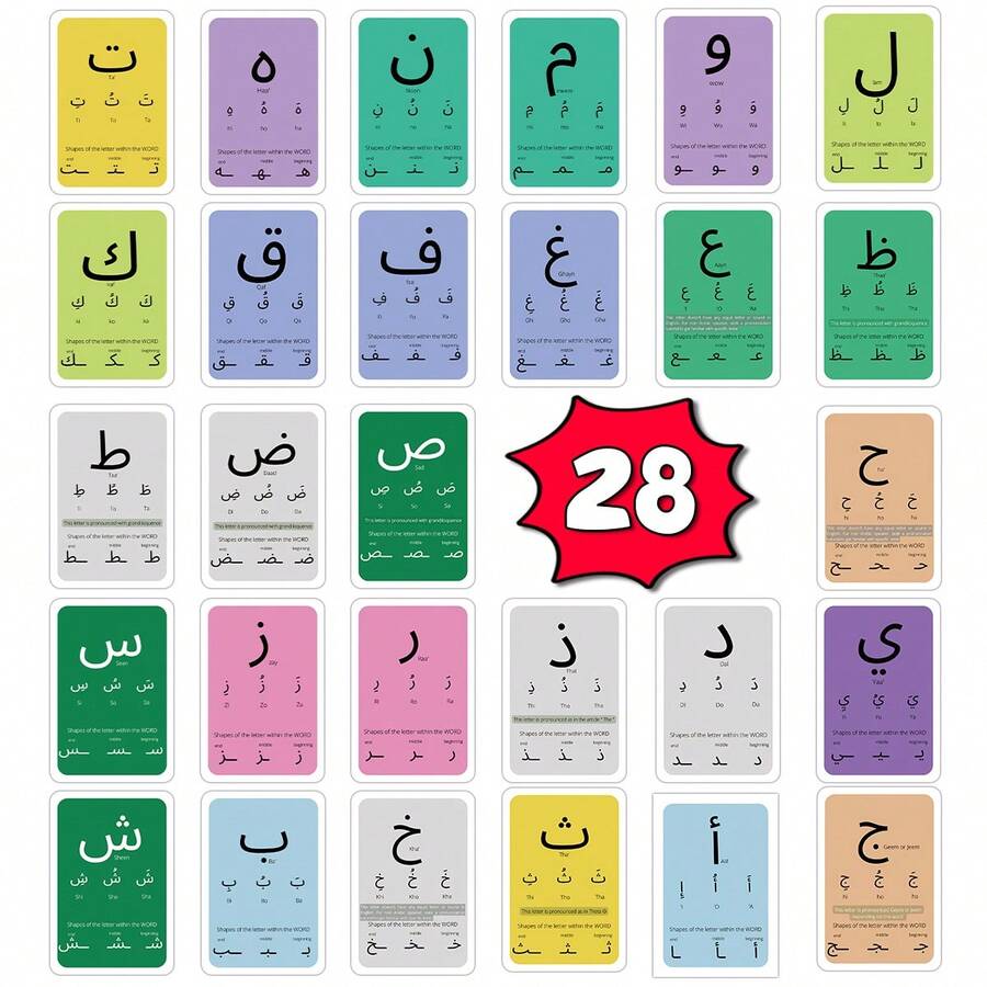 28 piezas Tarjetas de Alfabeto Árabe para Principiantes - Tarjetas de Variantes Posicionales de Letras Árabes, Ayuda de Aprendizaje de Escritura y Lectura en Árabe, Tarjetas de Aprendizaje de Sonidos y Formas de Letras Árabes