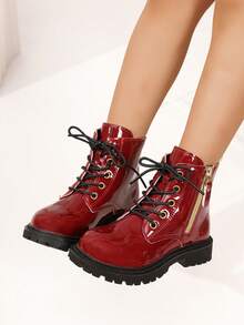 Bright Red Kids' Short Lace-Up Side Gold Zipper Ankle Boots, Non-Slip Thick Serrated Sole Fashion Boots, Suitable For Boys And Girls - Burgundy - View 4