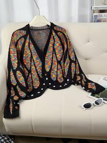 Butterfly Cape Knit Cardigan, Contrast Color Crochet Design, Loose Batwing Sleeves, Spring/Autumn Atmosphere Outerwear Sweater Jacket - Multicolor 6 - View 7