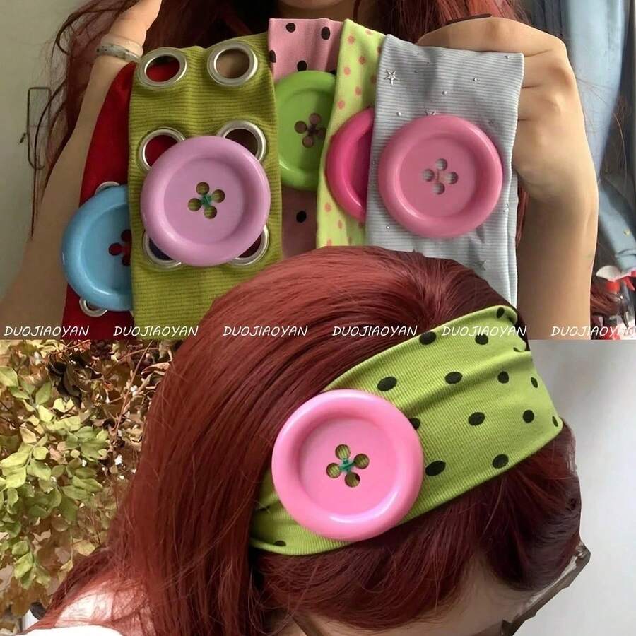 1pc Summer Dopamine Oversized Button Headband, Fashionable Ins Style Polka Dot Elastic Headband, Niche Design Handmade Sewn, American Vintage Polka Dot Wide Band Headband For Women, High Elasticity Fabric Hair Tie, Dopamine Color Block Large Button Design, Modifies Cranial Top, Suitable For Home Skincare, Vacation, Photo-Worthy, Versatile Head Accessory - Multicolor - View 1