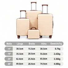 مجموعة حقائب سفر دوارة من 4 قطع من مادة ABS بمقاسات 14"/19"/24"/28" – أحجام كبيرة ومتوسطة مع مقابض جانبية وخطافات تعليق وأقدام واقية – قفل مدمج برقم سري وحقيبة مستحضرات تجميل بمقاس 14" - بيج - مشاهدة 2