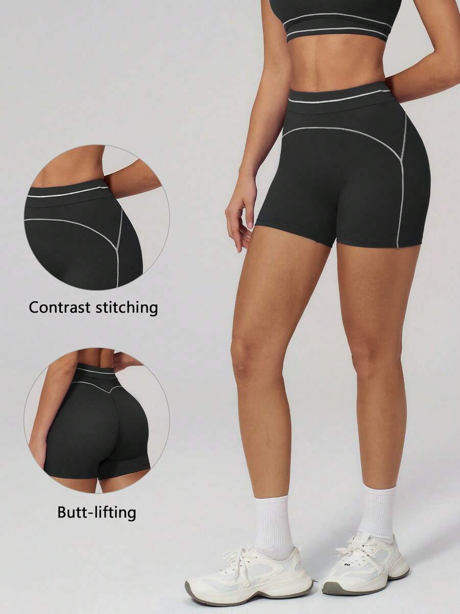 TimeOff Women's 1pc Contrast White Line High Waist Tummy Control Sports Shorts - Black - View 1