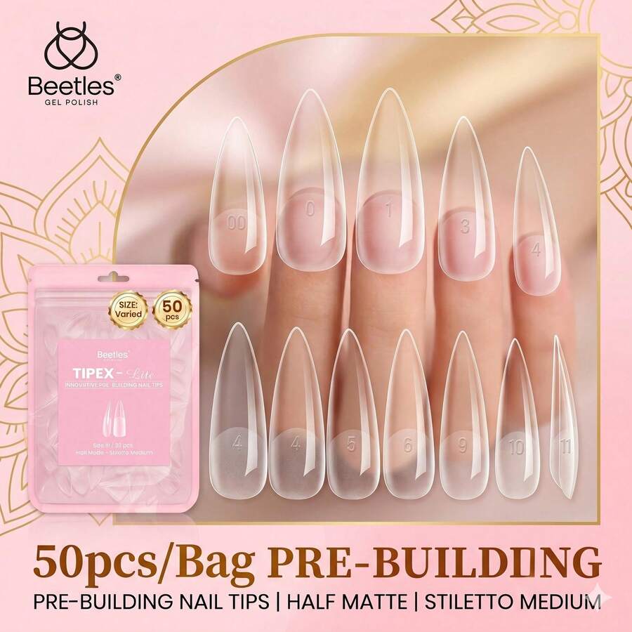 Beetles 50片裝 Tipex Lite 假指甲片,中長款尖頭全包覆式內建頂峰甲片,適用於扁平與自然甲床的接甲延長片 - 查看 1