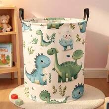 1pc Watercolor Cute Dinosaur Laundry Basket, Cartoon Green Dinosaur Leaf Pattern, Foldable With Handle Storage Basket, Suitable For Boys' Clothes - Mint Green - View 3