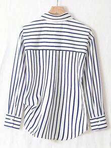 Women's Fashionable Striped Shirt With Lapel Collar, Button Front, Long Sleeves And Regular Hem, Daily Wear, Non-Stretch Polyester Fabric - Navy Blue - View 2