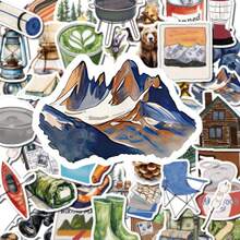 50Pcs Whimsical Vintage Outdoor Stickers, Rustic Mountain Bear Camping Gear Illustration Decals, Great For Notebook Decor, Gift Bag Fillers & Hiker DIY Crafts School Supplies - 7*6*1 - View 1