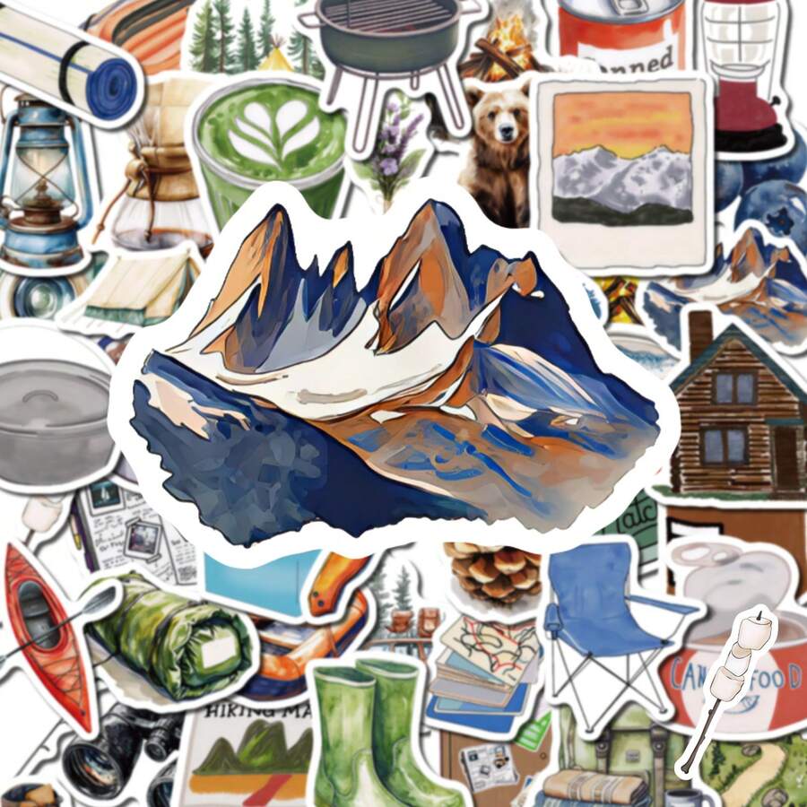 50Pcs Whimsical Vintage Outdoor Stickers, Rustic Mountain Bear Camping Gear Illustration Decals, Great For Notebook Decor, Gift Bag Fillers & Hiker DIY Crafts School Supplies - 7*6*1 - View 1