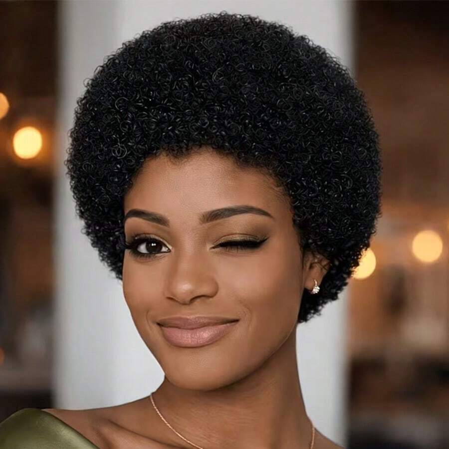 African Curly Wig Human Hair Wigs Pixie Cut Wig Short Hair Wig 150% Density Black Wig Fluffy Shape 4 Inches Suitable For Everyday Wear And Holidays