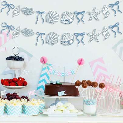 Summer Banner Seashells Decor Party Decorations Party Supplies Birthday Decorations Blue Bow Starfish And Christmas Ornaments Under The Sea Paper Hanging Banner For Women Men Baby Showre