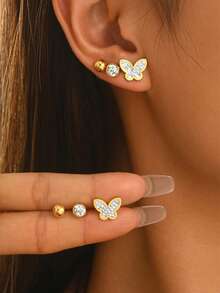 1 Set European And American Fashion Stainless Steel Micro-Inlaid Rhinestone Stud Earrings Set For Women, Versatile For Daily Wear - Multicolor - View 2