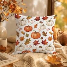 1pc Minimalist Autumn Pumpkin Maple Leaf Cushion Cover, Single-Sided Printed Peach Skin Velvet Polyester Material, 45*45CM/18*18inch Pillowcase Suitable For Room Decor, Modern Minimalist Sofa Living Room Decoration Gift - Multicolor - View 4