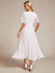 EVERPRETTY Elegant White Chiffon Wedding Guest Dress For Fall Wedding Anniversary With Floral Applique Waist And Flutter Sleeves Romantic Formal Dress - White - View 4