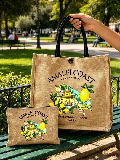 Creative Lemon And Letter Pattern Printed Linen Tote Bag, Shoulder Bag, Yellow Linen Square Shopping Handbag, Large Capacity Casual Storage Handbag, Reusable Grocery Bag For Men And Women Teachers, Organizer Bag, Makeup Bag, Beach Bag For Work, Travel And Daily Use, Lightweight Shoulder Bag With Coin Pocket, Novel Design, Back To School, Graduation, Mother's Day, Valentine's Day, Birthday Gift